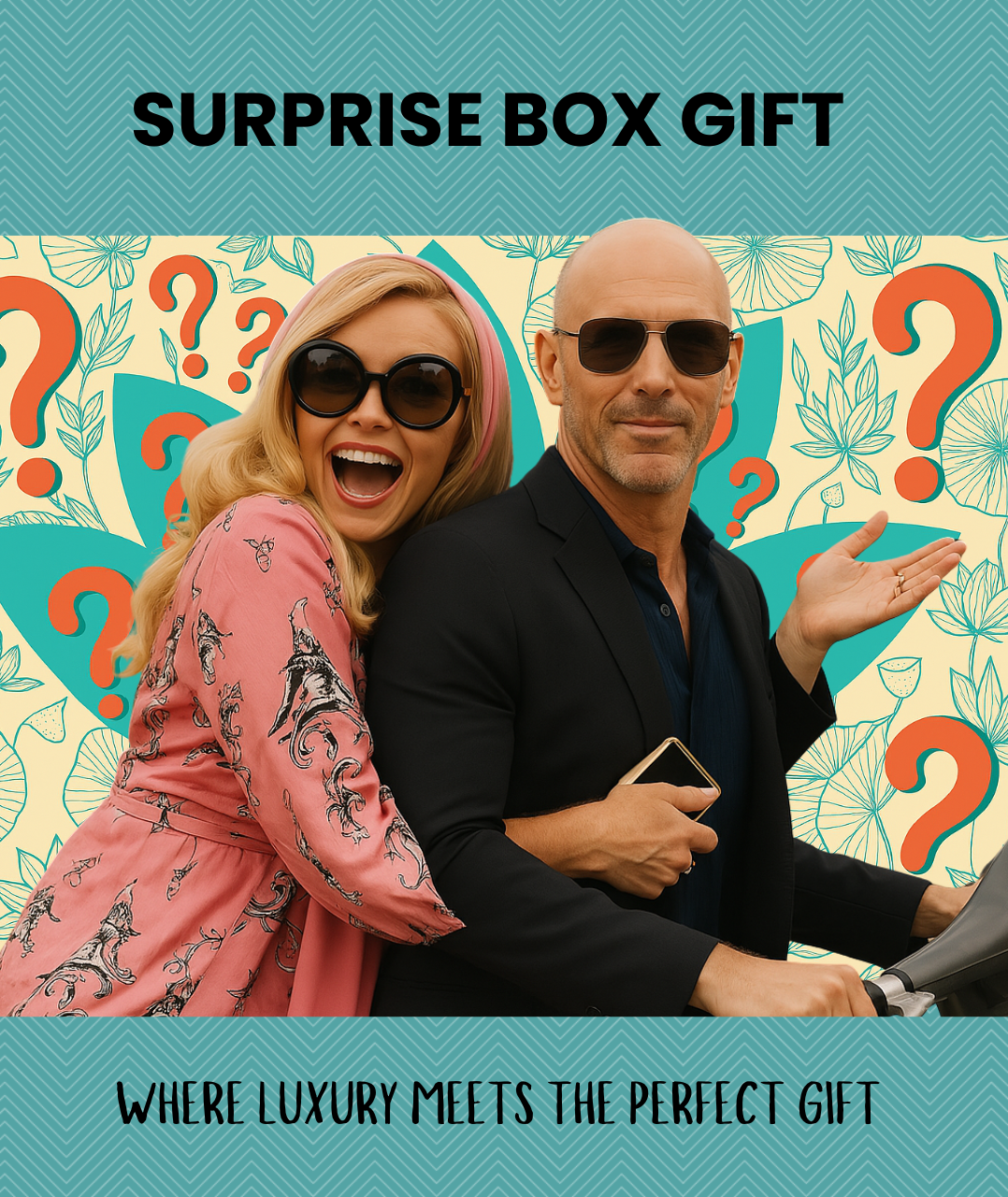 surprise box gift. white lotus. Stylish couple posing in front of colorful question mark backdrop for luxury surprise gift box campaign with tagline “Where Luxury Meets the Perfect Gift.”#LuxuryGiftBox #SurpriseBox #DesignerGifts #StylishCouple #GiftIdeas #PremiumGifting #UnboxLuxury #FashionCampaign #CuratedGifts #LuxuryLifestyle