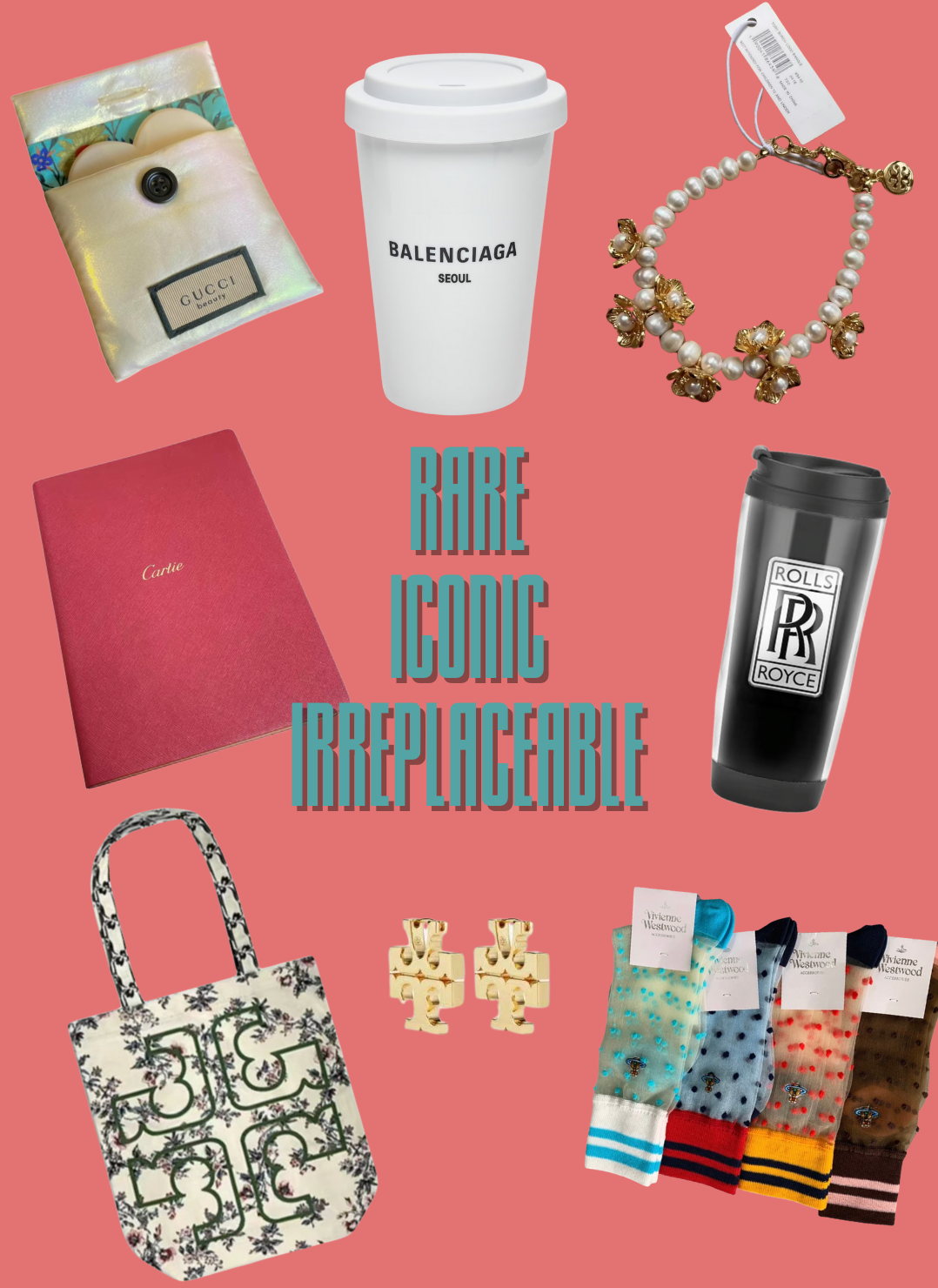 Luxury accessory flat lay with Tory Burch wallet and earrings, Burberry notebook, Prada tote, Arc'teryx flask, gold bracelet, and lipstick on coral background with “New Arrivals Every Week” text.#NewArrivals #LuxuryLifestyle #DesignerAccessories #ToryBurch #Burberry #Prada #ArcTeryx #WeeklyDrop #CuratedStyle #SurpriseBox #PremiumGifts #FashionEssentials