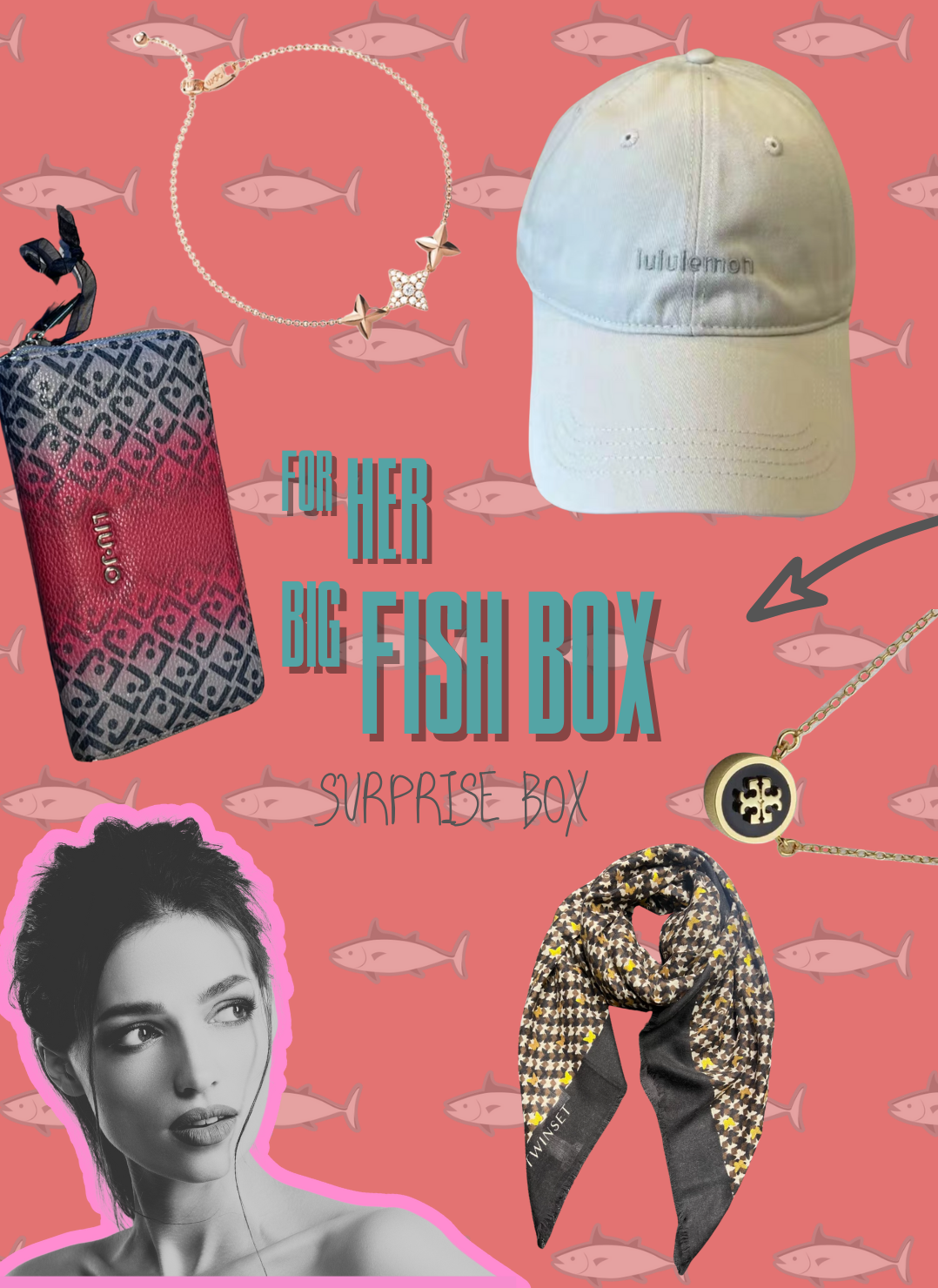 Luxury gift set for women featuring Lululemon cap, patterned wallet, gold jewelry, designer scarf, and fashion portrait on coral fish-patterned background for “For Her – Big Fish Surprise Box.”#LuxuryGiftBox #ForHer #BigFishBox #DesignerAccessories #ToryBurch #LululemonStyle #CuratedGifts #PremiumGifting #FashionEssentials #SurpriseBox #GiftIdeasForHer #ElegantStyle