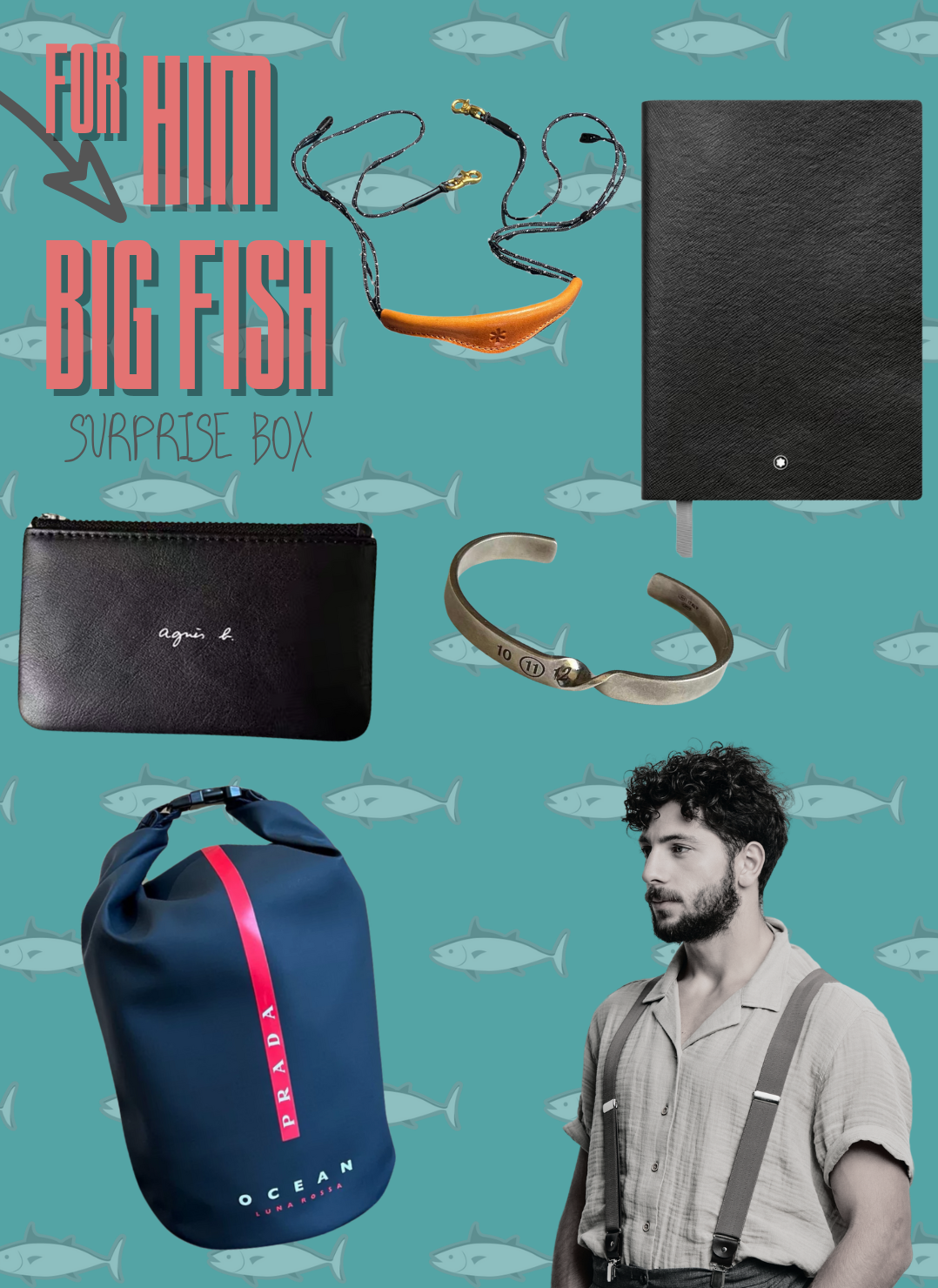 Luxury gift set for men featuring Montblanc notebook, Agnes B. wallet, Prada dry bag, silver bracelet, leather accessory, and fashion portrait on teal fish-patterned background for “For Him – Big Fish Surprise Box.”#LuxuryGiftBox #ForHim #BigFishBox #MensStyle #DesignerAccessories #PradaOcean #Montblanc #AgnesB #CuratedGifts #PremiumGifting #SurpriseBox #GiftIdeasForMen #ModernMasculinity