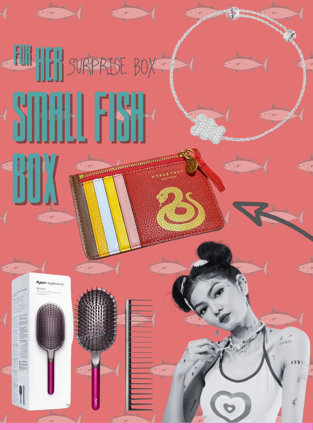Fashionable woman with bold makeup next to beaded bracelet, colorful wallet, Dyson hair brushes, and comb on coral fish-patterned background for “For Her – Small Fish Surprise Box.”#LuxuryGiftBox #ForHer #DysonHairCare #DesignerWallet #BeautyAccessories #SurpriseBox #WomensStyle #CuratedGifts #PremiumGifting #SmallFishBox #GiftIdeasForHer #FashionForward
