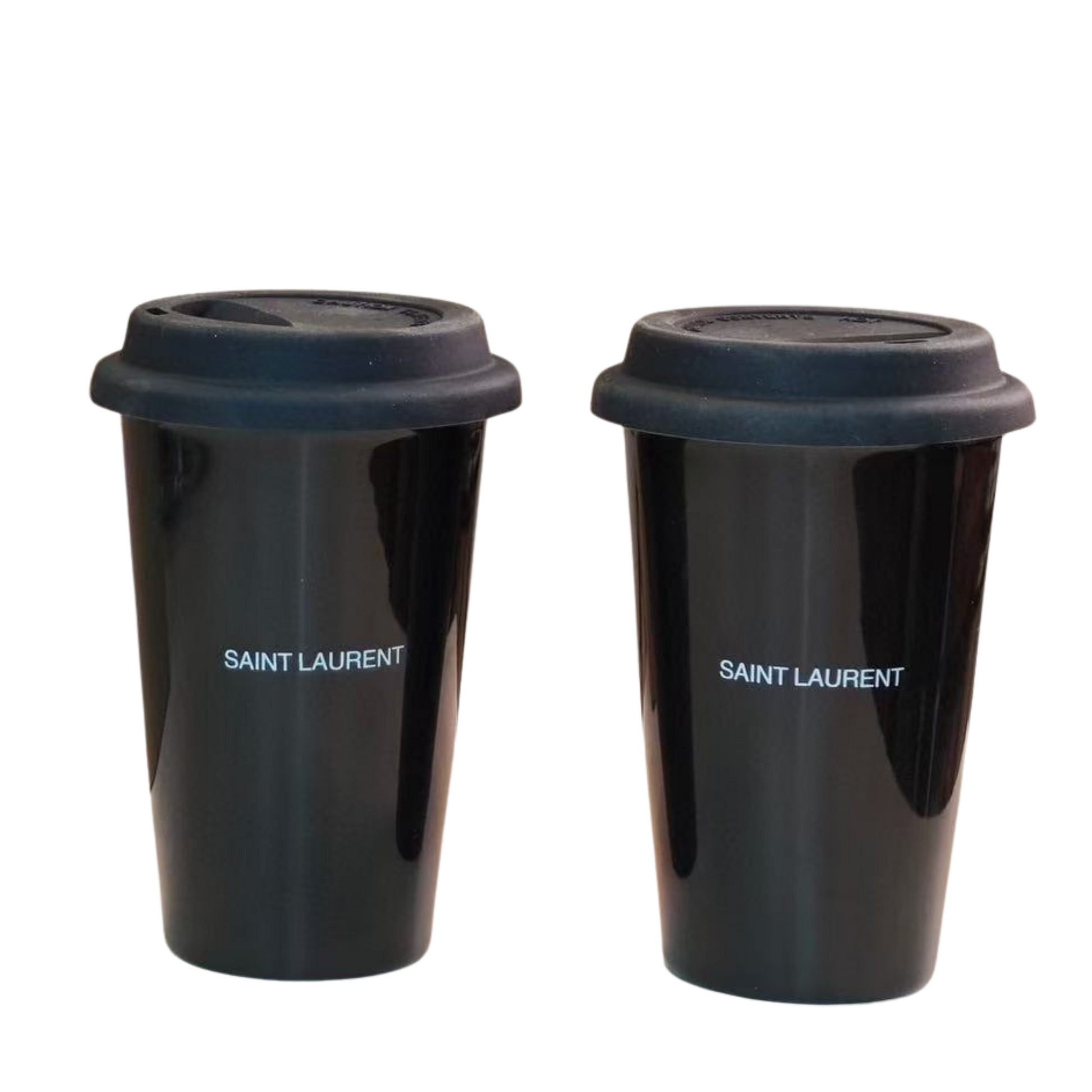 Two black travel mugs with Saint Laurent branding on a white background, surpriseboxgift.com, luxury gift, black gift cup