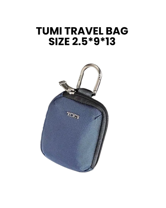 Blue TUMI travel bag with size dimensions on a white background, surpriseboxgift.com