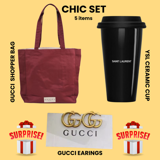 Chic Set featuring Gucci shopper bag, YSL ceramic cup, Gucci earrings, and two surprise gift boxes on yellow background.#ChicSet #GucciBag #YSLCup #GucciEarrings #LuxuryAccessories #DesignerStyle #SurpriseGifts #FashionEssentials #GiftSetForHer #PremiumGifting #CuratedStyle