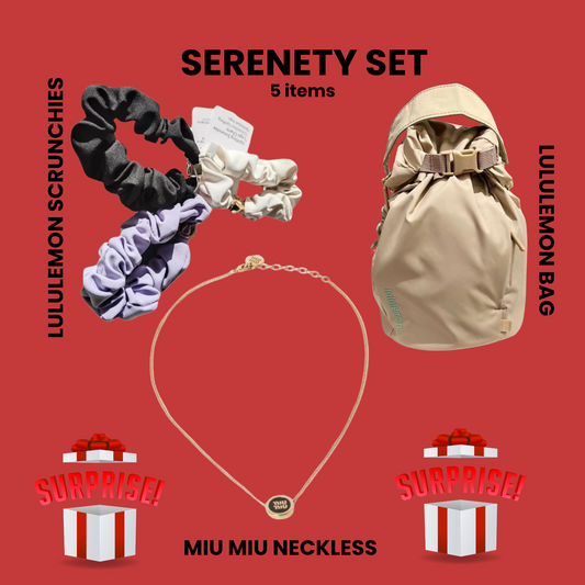 Serenity Set featuring Lululemon beige bag, three Lululemon scrunchies, Miu Miu gold necklace, and two surprise gift boxes on coral background.
#SerenitySet #LululemonStyle #MiuMiuJewelry #WellnessEssentials #LuxuryAccessories #DesignerScrunchies #YogaStyle #MinimalistNecklace #SurpriseGifts #CuratedCalm