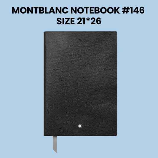 Montblanc Notebook #146 in black leather with ribbon bookmark, size 21×26 cm, displayed on a light blue background.
#MontblancNotebook #LuxuryStationery #ExecutiveNotebook #DesignerJournal #MontblancStyle #WritingElegance #PremiumNotebook #NotebookGoals #MontblancEssentials