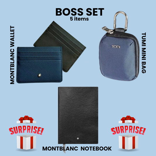 Boss Set gift collection featuring Montblanc notebook, two Montblanc wallets, TUMI mini bag, and two surprise gift boxes on light blue background.#BossSet #MontblancNotebook #MontblancWallet #TUMIBag #LuxuryGiftSet #ExecutiveStyle #DesignerAccessories #ProfessionalEssentials #CuratedGifts #SurpriseBox #PremiumGifting