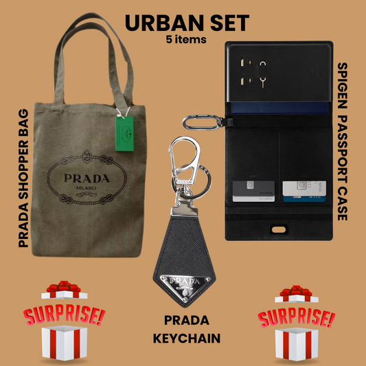 Urban Set featuring Prada shopper bag, Spigen passport case, Prada keychain, and two surprise gift boxes on beige background.#PradaShopperBag #SpigenPassportCase #PradaKeychain #LuxuryAccessories #TravelInStyle #DesignerKeychain #RFIDWallet #ToteBagStyle #UrbanEssentials #GiftSetIdeas #PremiumLifestyle #SurpriseGiftBox