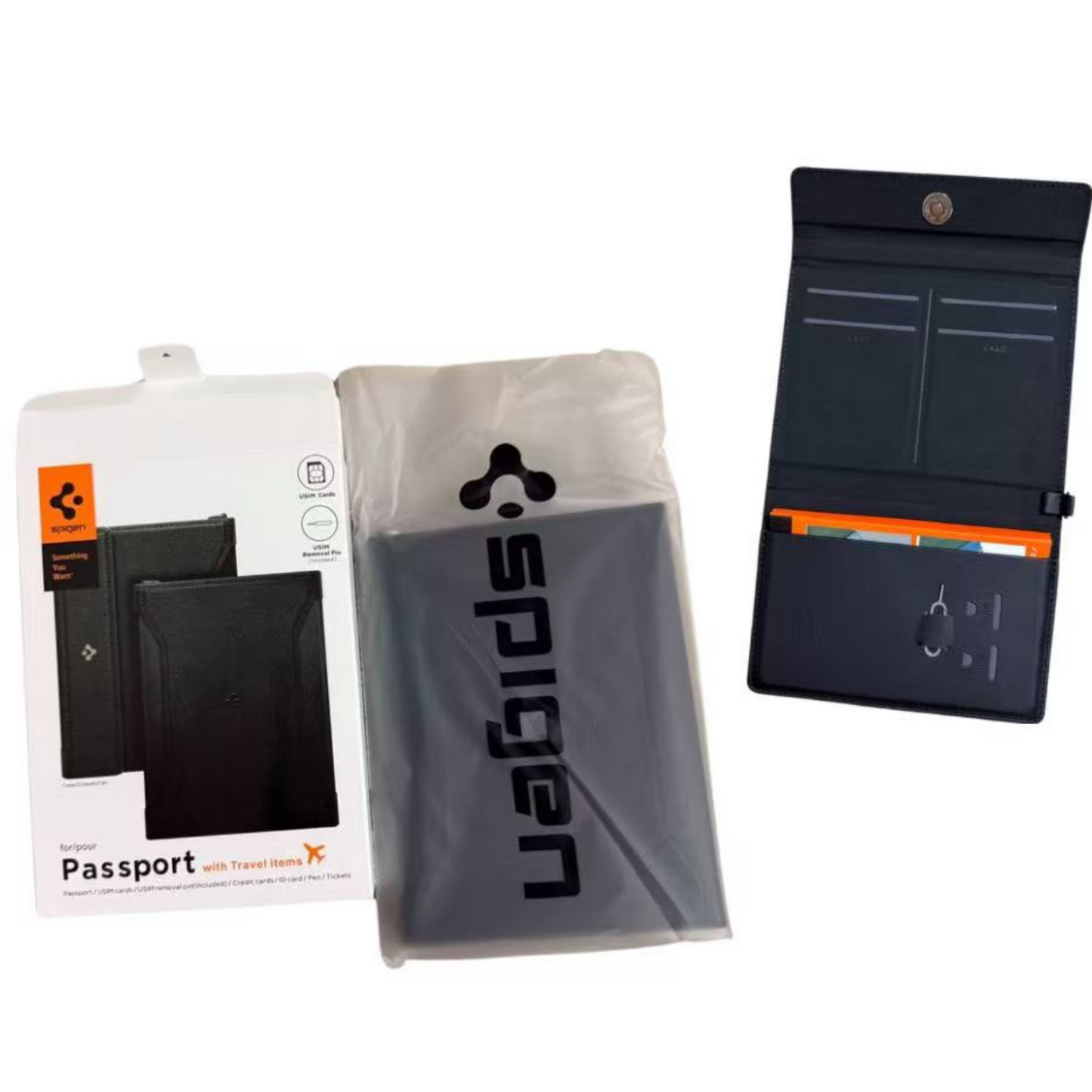 Spigen passport holder with packaging on a white background, boss gift, men gift, birthday gift, surpriseboxgift.com
