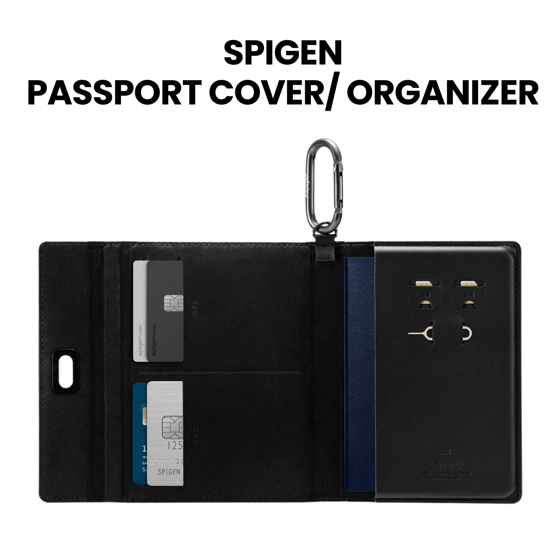 Black Spigen passport cover organizer with card slots and keychain on a white background, boss gift, men gift, birthday gift, surpriseboxgift.com