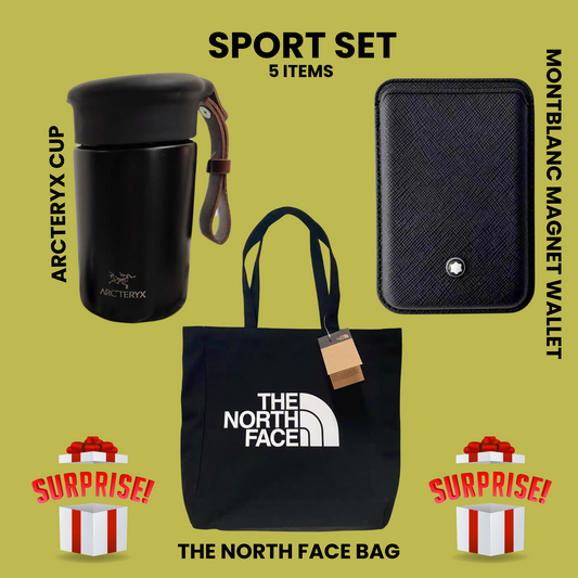 Sport Set featuring ARC'TERYX cup, Montblanc magnet wallet, North Face tote bag, and two surprise gifts on olive green background.#SportSet #LuxuryBundle #MontblancWallet #ArcteryxCup #NorthFaceBag #SurpriseGifts #PremiumGear #GiftIdeas #EverydayEssentials #StyleAndFunction