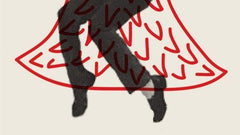 Person sitting inside a red outline of a Christmas tree on a beige background