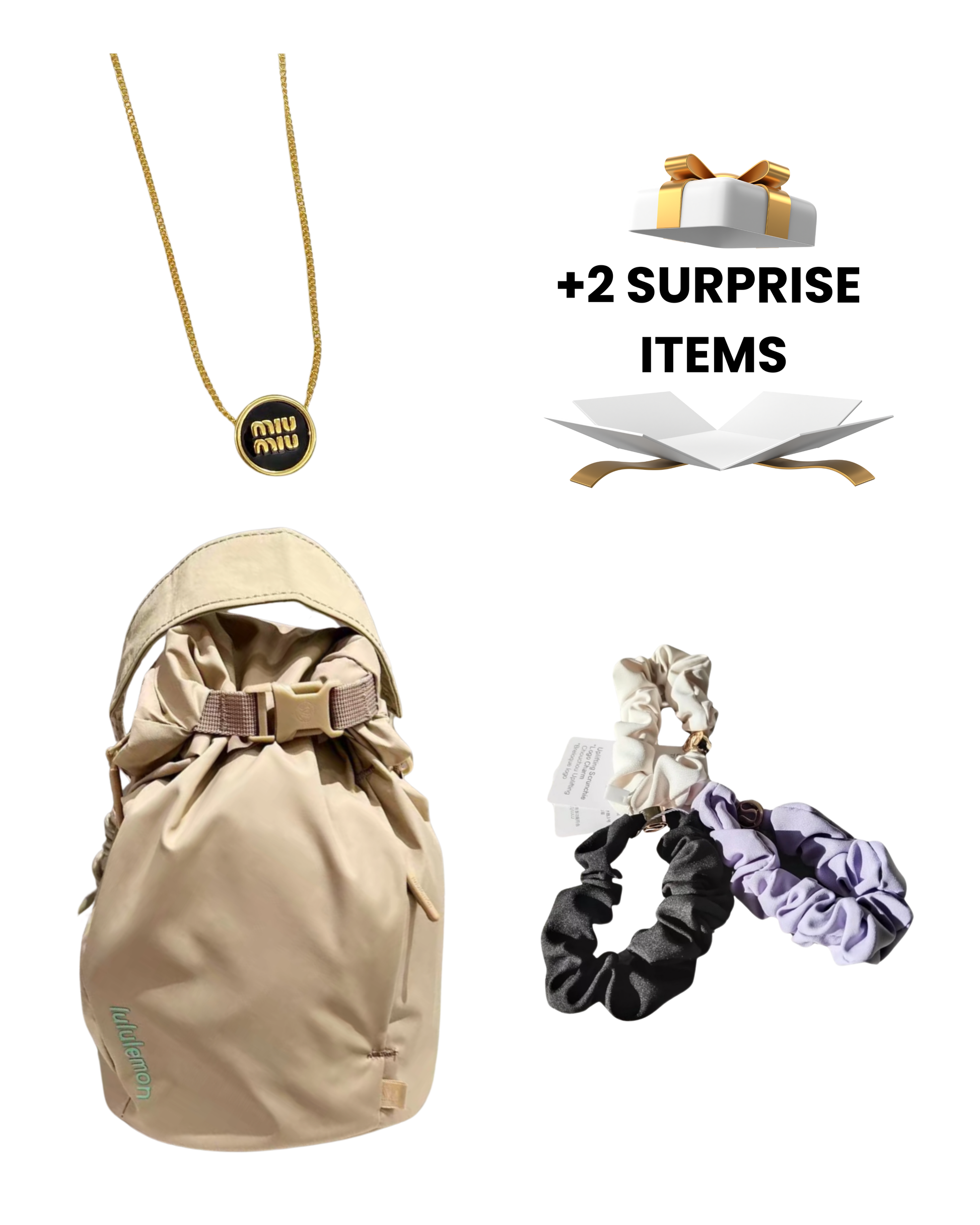 Beige bag lululemon , miumiu nnecklace, and scrunchies lululemon scranchies with '+2 Surprise Items' text on a white background, surpriseboxgift.com 