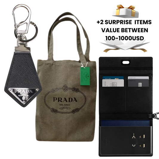 Prada bag, keychain, and wallet with surprise items on a white background