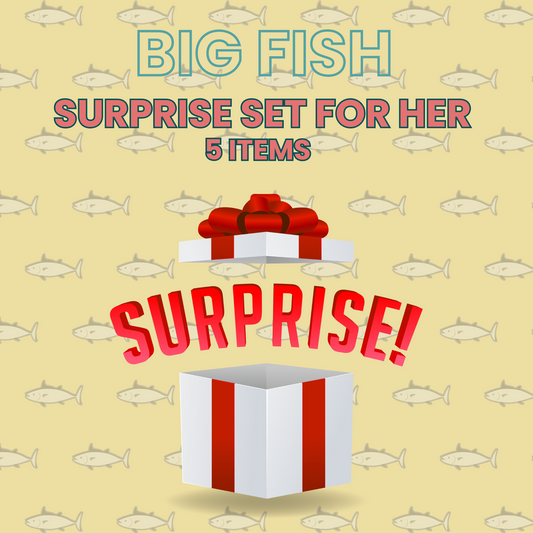 Big Fish Surprise Set for Her featuring open red-and-white gift box with bow, labeled “SURPRISE!” on yellow fish-patterned background. #BigFishSurprise #GiftSetForHer #WomensMysteryBox #CuratedSurprises #StylishGifts #PremiumGiftSet #SurpriseBundle #FashionMysteryBox #PlayfulGifting #5ItemSurprise
