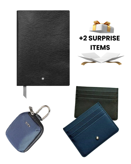 Collection of black a notebook, cardholder montblanc, and key case tumi. boss gift. idea for man gift, surpriseboxgift.com