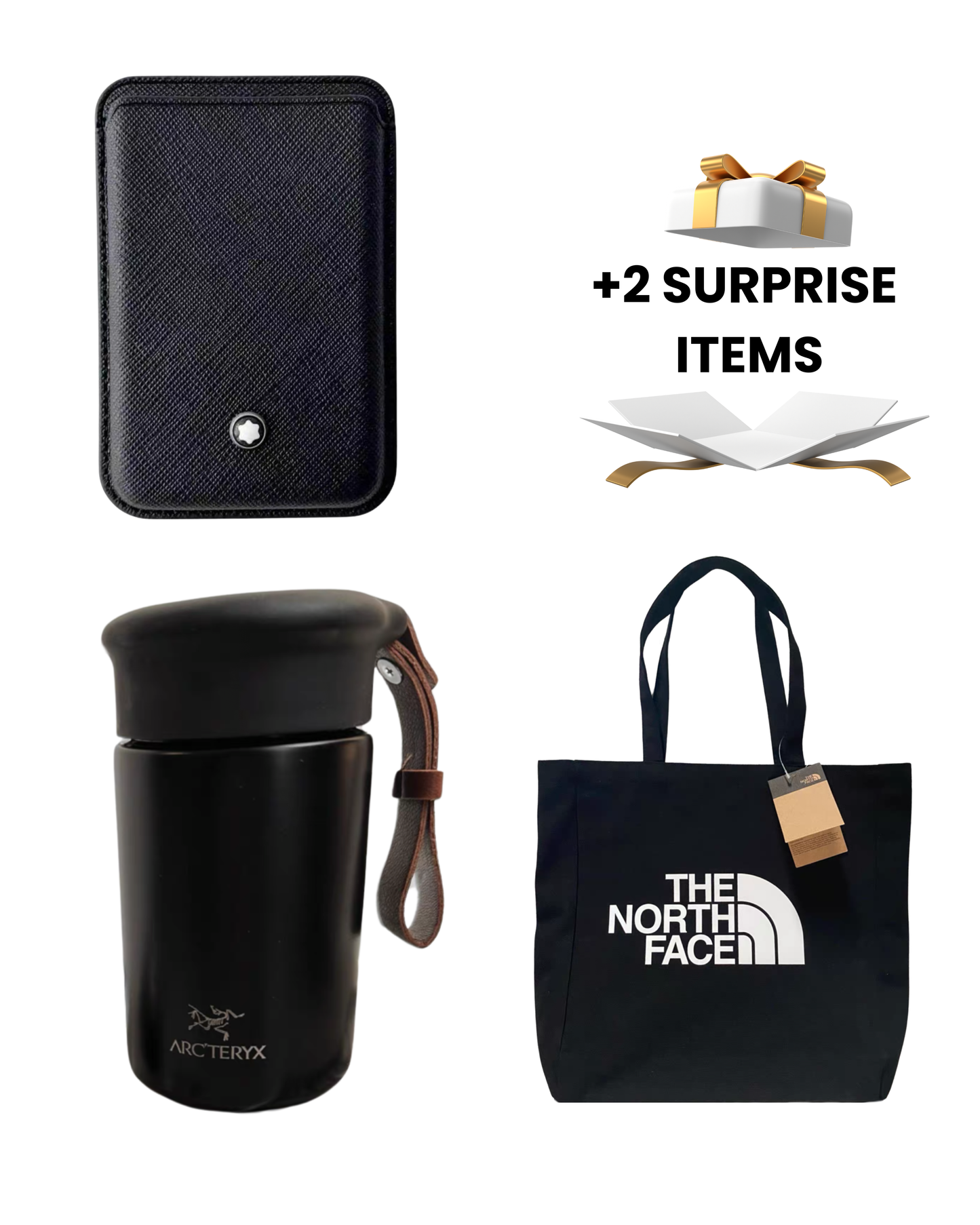 Collection of travel accessories including a black pouch, thermos, and tote bag with 'The North Face' logo, plus surprise items. supriseboxgift.com