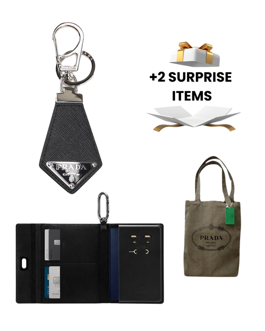 Prada wallet, keychain, and tote bag, passport cover, surpriseboxgift, surpriseboxgift.com