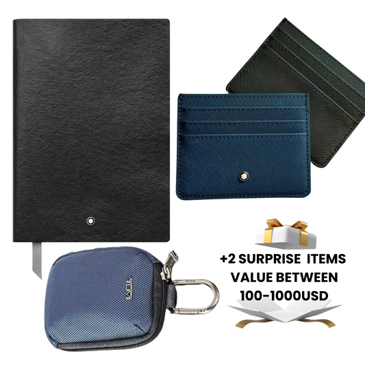 Collection of black and blue leather items including a notebook, cardholder, and key case with text about additional surprise items.