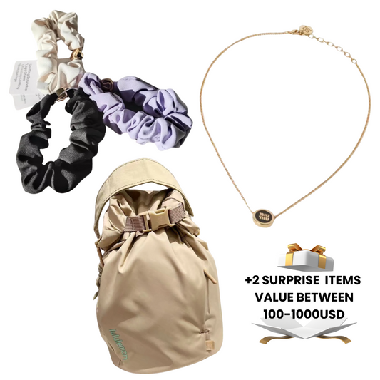 Collage of scrunchies, a bag, and a necklace with a promotional graphic on a white background.