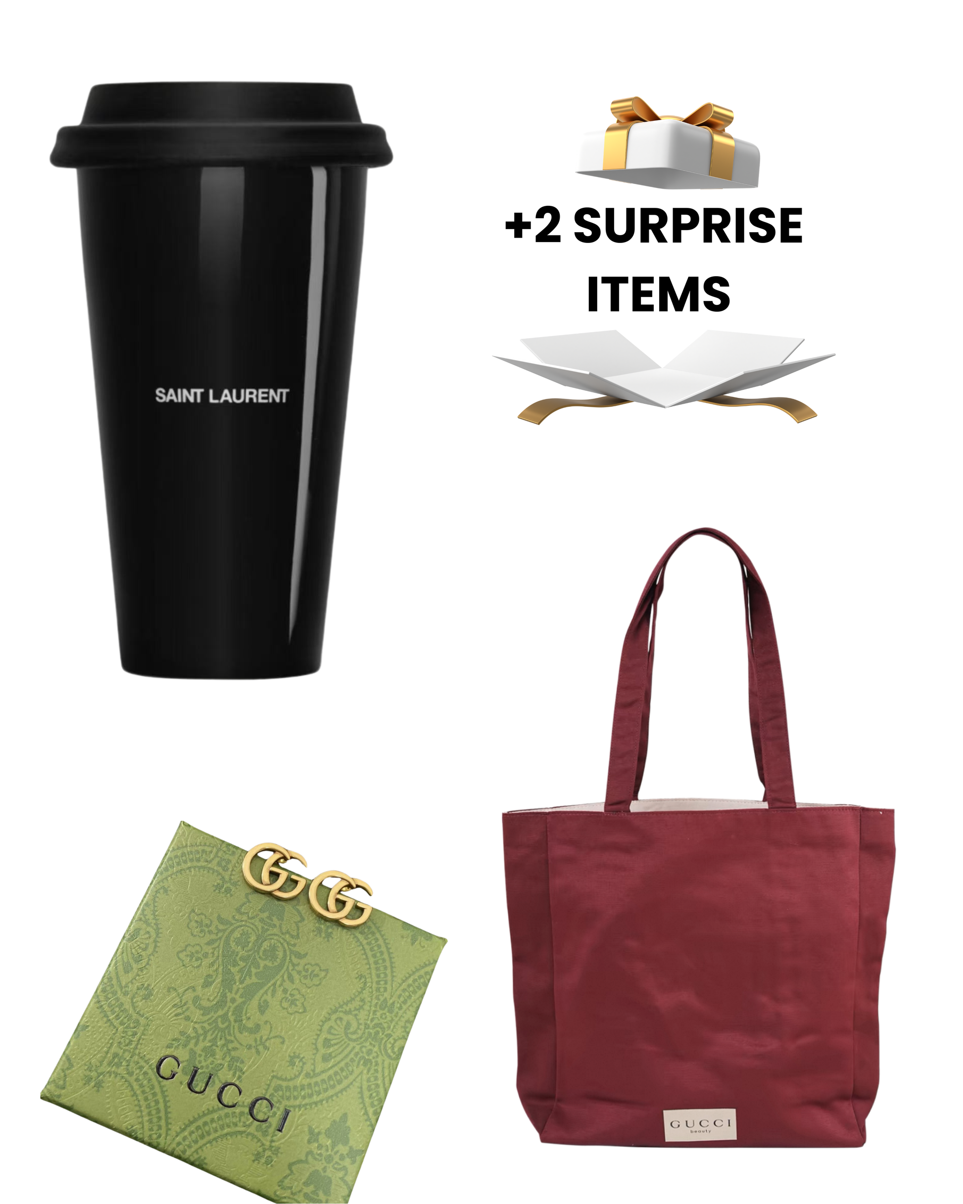 Black Saint Laurent tumbler, red Gucci tote bag, and green Gucci pouch with '+2 Surprise Items' text on a white background. surpriseboxgift.com