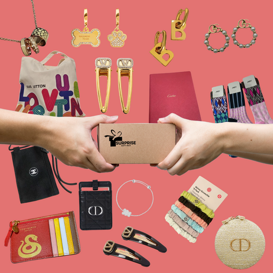 Hands exchanging a kraft surprise box surrounded by men’s accessories including designer keychains, travel mugs, wallets, and branded gear on a coral background.
#SurpriseSetForHim #MensGiftBox #DesignerEssentials #LuxuryGiftIdeas #CuratedForHim #MensAccessories #MysteryBoxMen #StylishSurprise #PremiumGifting #MensLifestyleKit