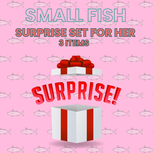 Small Fish Surprise Set for Her featuring open red-and-white gift box with bow, labeled “SURPRISE!” on pink fish-patterned background.
#SurpriseSetForHer #SmallFishGift #WomensGiftBox #MysteryBundle #CuratedForHer #GiftIdeasForWomen #PlayfulGifting #SurpriseEssentials #StylishSurprise #WomensAccessories