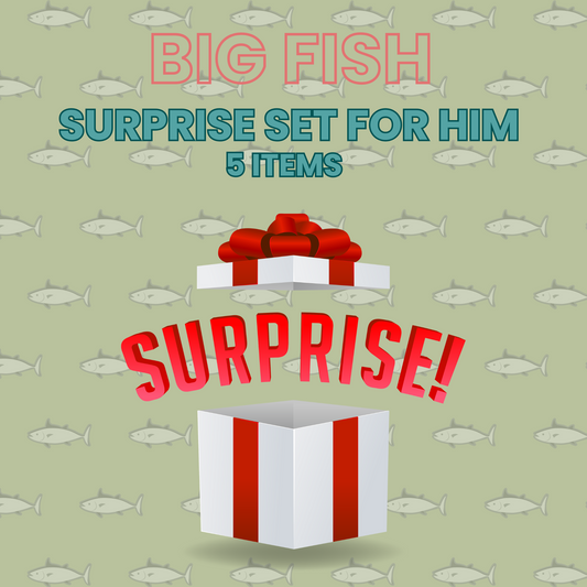 Small Fish Surprise Set for Him featuring open red-and-white gift box with bow, labeled “SURPRISE!” on fish-patterned lavender background.
#SurpriseSetForHim #SmallFishGift #MensGiftBox #MysteryBundle #CuratedForHim #GiftIdeasForMen #PlayfulGifting #SurpriseEssentials #StylishSurprise #MensAccessories