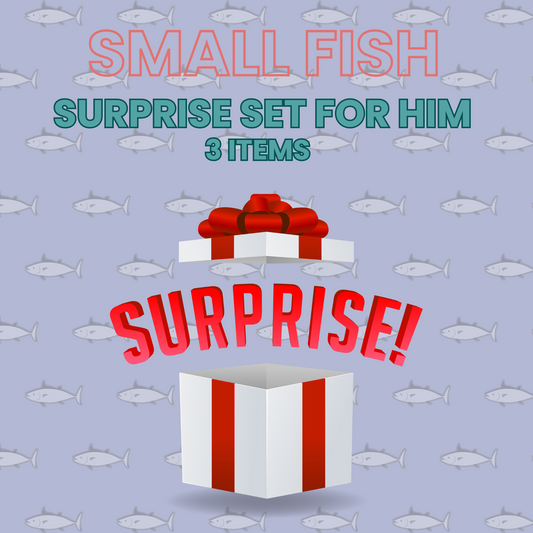 Small Fish Surprise Set for Him featuring open red-and-white gift box with bow, labeled “SURPRISE!” on fish-patterned lavender background.
#SurpriseSetForHim #SmallFishGift #MensGiftBox #MysteryBundle #CuratedForHim #GiftIdeasForMen #PlayfulGifting #SurpriseEssentials #StylishSurprise #MensAccessories