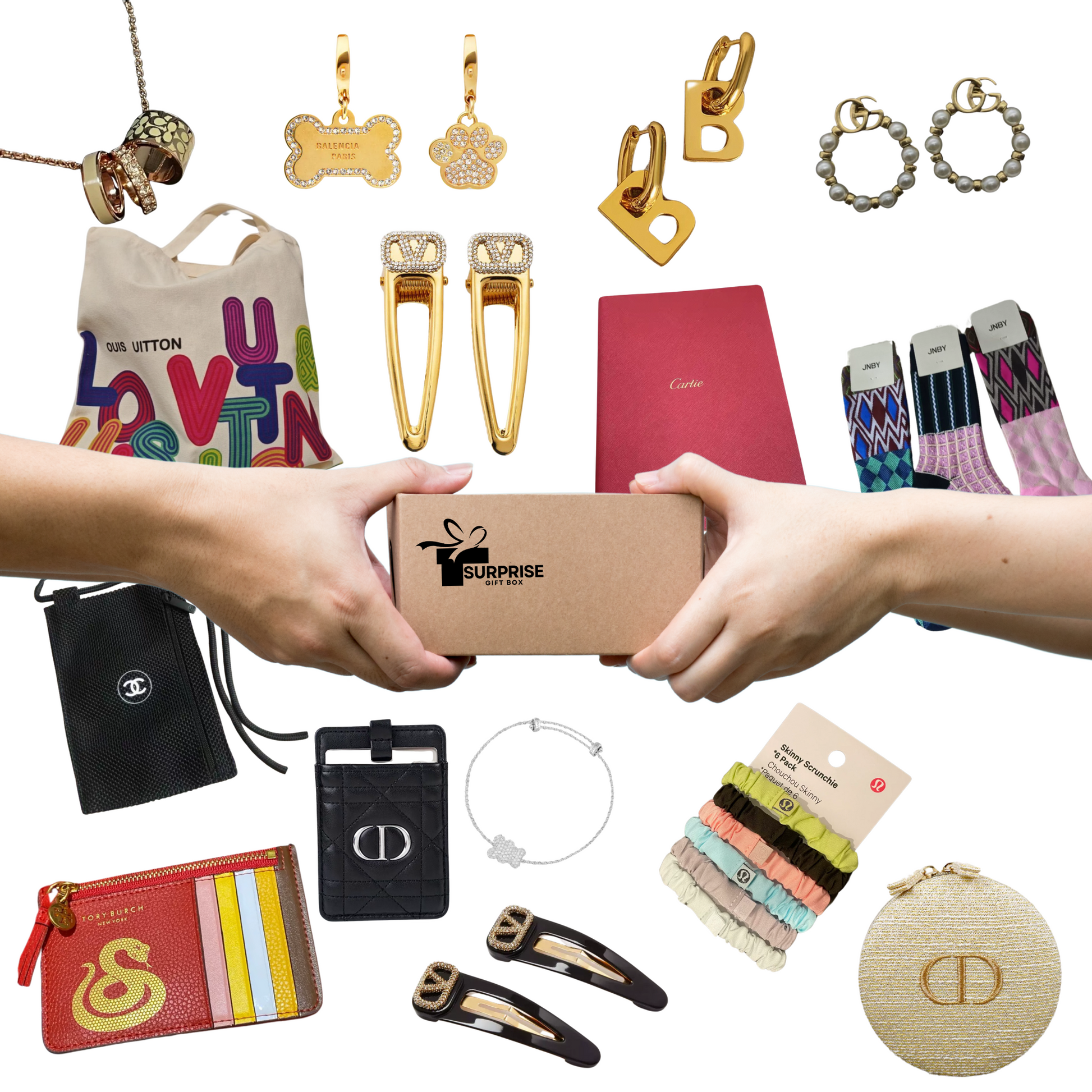 Collection of fashion and accessory items including bags, jewelry, and hair accessories with a 'Surprise' box in the center. surpriseboxgift.com