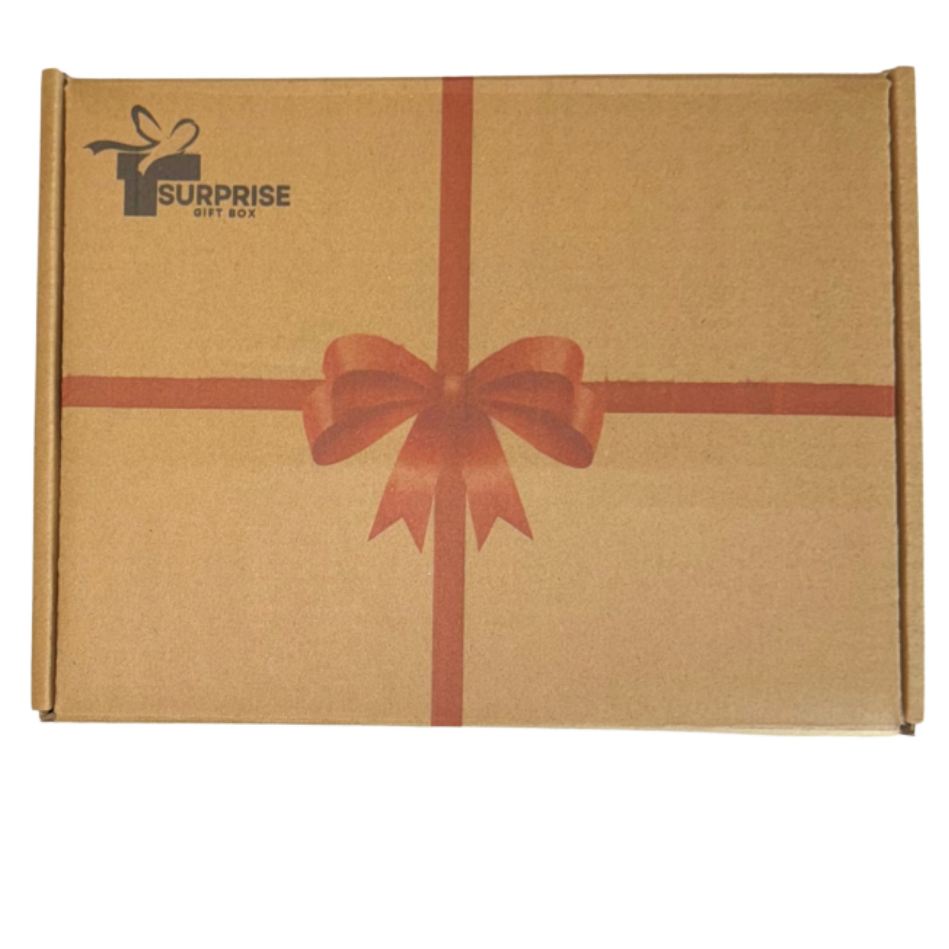 Brown cardboard box with red ribbon, surpriseboxgift.com