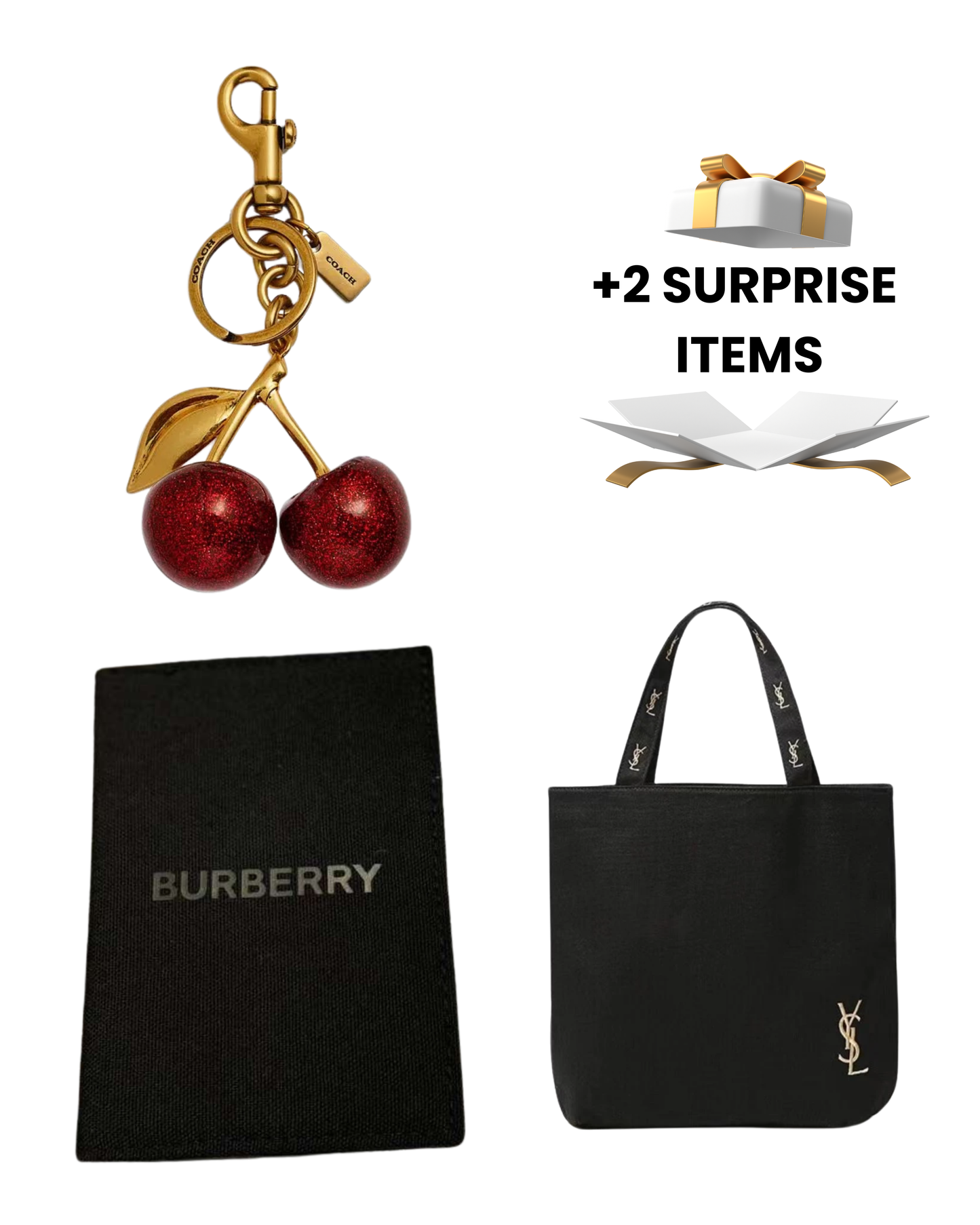 Black Burberry bag, gold cherry keychain coach, and ysl black tote bag. surpriseboxgift.com, ideas for gift man and woman, corporate gifts, birthdays gift, valentains day gift, christmas gift